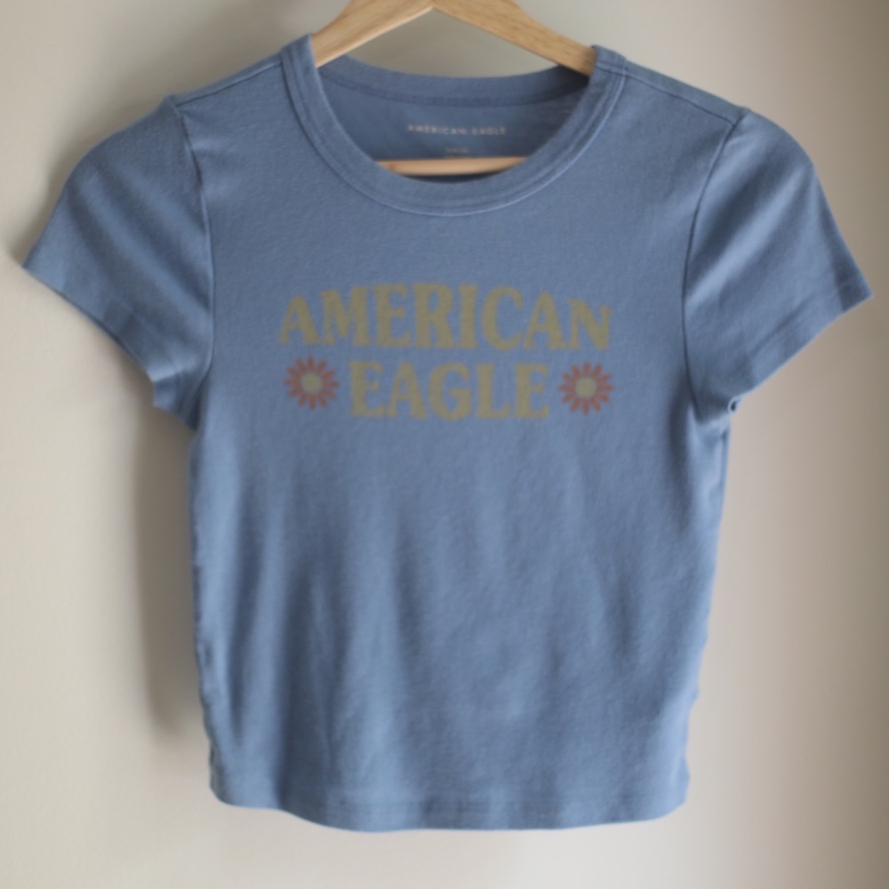 American Eagle Blue Graphic Tee Short Sleeve Logo Floral Sunburst T-Shirt Small - Picture 2 of 5